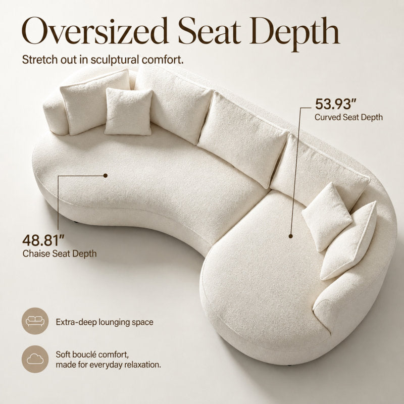 114" Curved Compressed Boucle Sectional Sofa, L-Shaped Cloud Couch with High Resilience Foam, No Assembly Required for Large Spaces