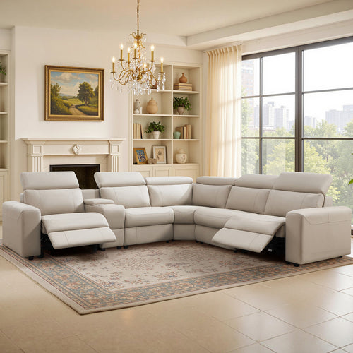 Oversized Power Reclining Leather Sectional Sofa With Console And Dual Recliners For Living Room Beige
