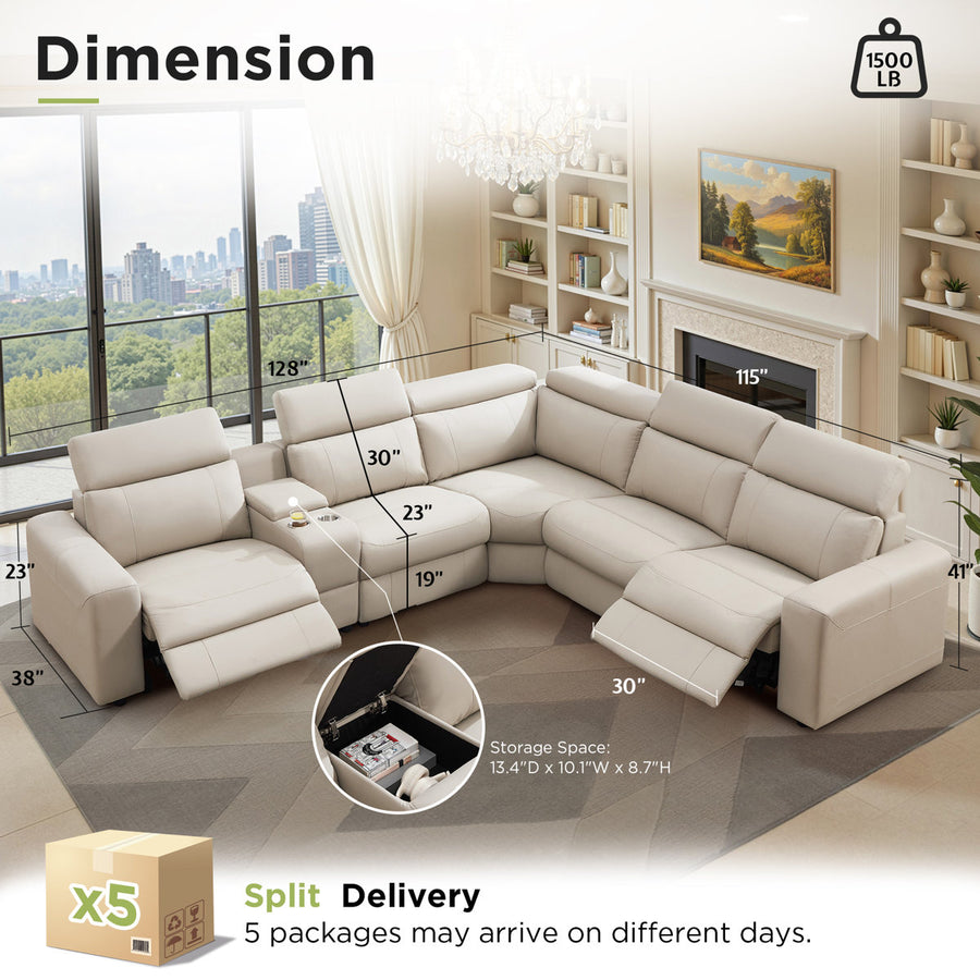 Oversized Power Reclining Leather Sectional Sofa With Console And Dual Recliners For Living Room Beige
