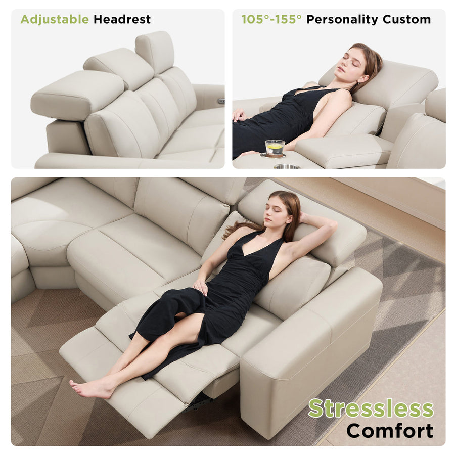 Oversized Power Reclining Leather Sectional Sofa With Console And Dual Recliners For Living Room Beige