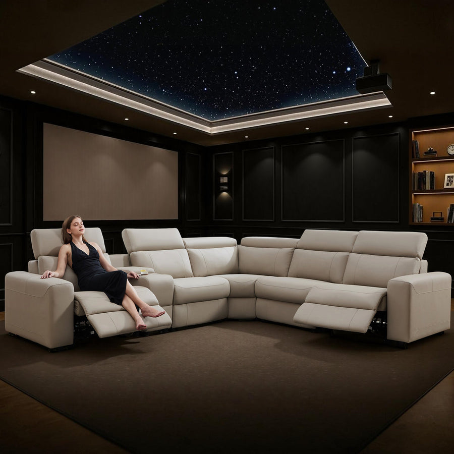 Oversized Power Reclining Leather Sectional Sofa With Console And Dual Recliners For Living Room Beige