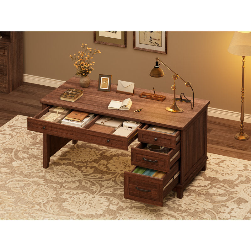 53.5 Inch Farmhouse Style Computer Work Desk, Engineered Wood Home Office Executive Station with Built‑in Charging Hub, File Cabinet & Storage Drawers for Writing and Study