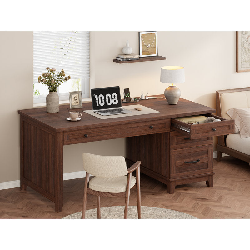 53.5 Inch Farmhouse Style Computer Work Desk, Engineered Wood Home Office Executive Station with Built‑in Charging Hub, File Cabinet & Storage Drawers for Writing and Study