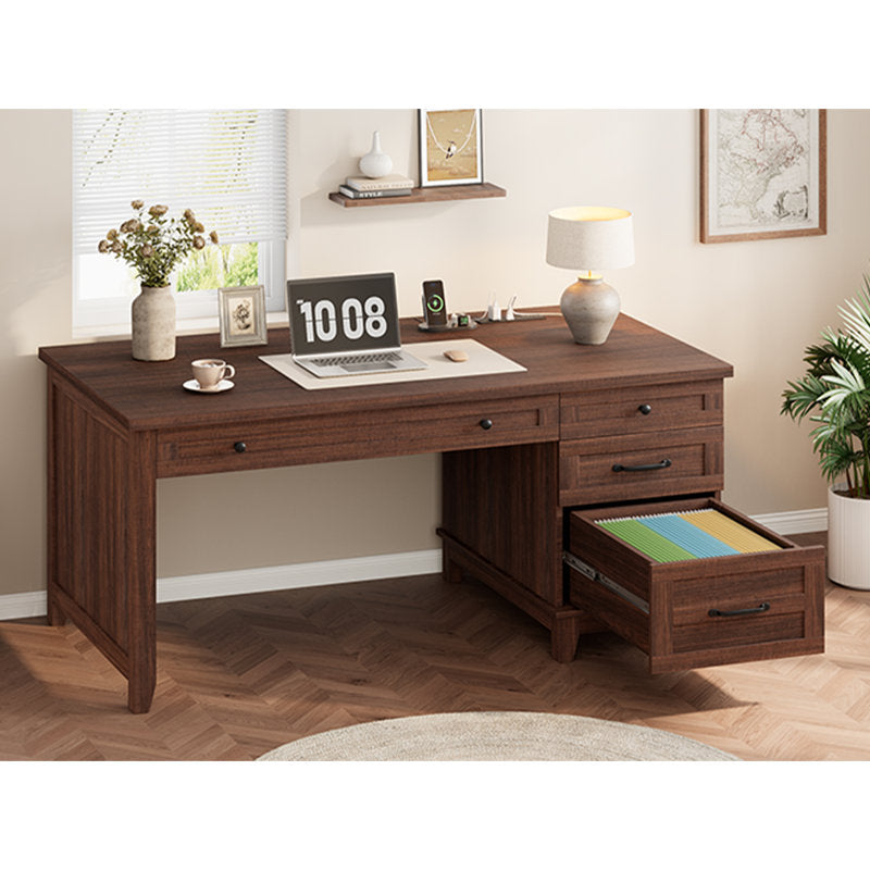 53.5 Inch Farmhouse Style Computer Work Desk, Engineered Wood Home Office Executive Station with Built‑in Charging Hub, File Cabinet & Storage Drawers for Writing and Study