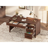 53.5 Inch Farmhouse Style Computer Work Desk, Engineered Wood Home Office Executive Station with Built‑in Charging Hub, File Cabinet & Storage Drawers for Writing and Study
