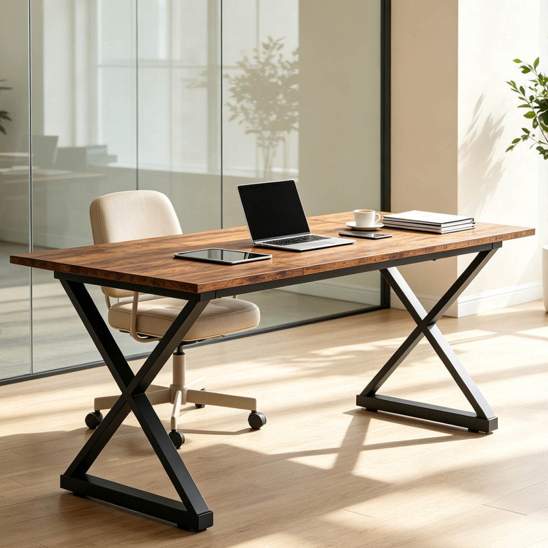 71" Executive Desk with Metal Frame & Vintage Wood Finish, Large Computer Desk with 360 lbs Capacity for Home Office – Ergonomic Writing Table with Adjustable Feet