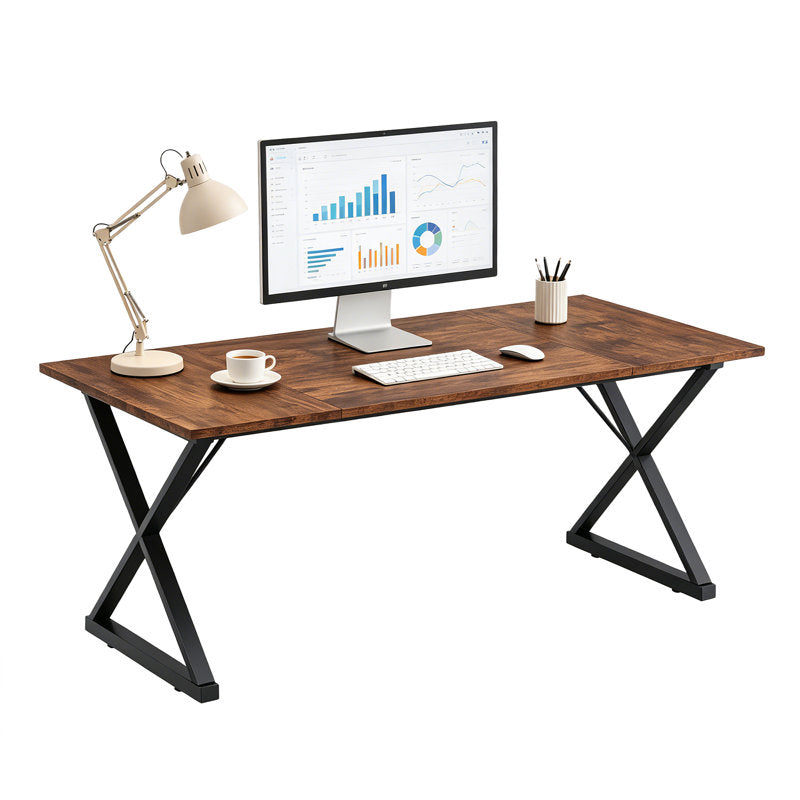 71" Executive Desk with Metal Frame & Vintage Wood Finish, Large Computer Desk with 360 lbs Capacity for Home Office – Ergonomic Writing Table with Adjustable Feet