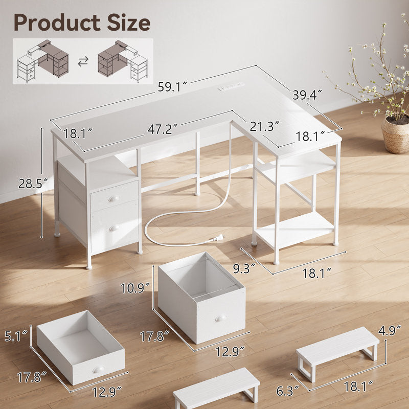 66 in. L-Shaped Computer Desk with 2 Monitor Stand, Power Outlet, Cabinet Gaming Desk Metal Base with Drawers Writing desk for Home Office