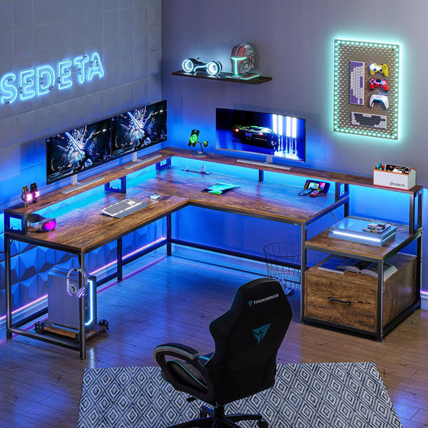66 Inch L-Shaped Computer Desk with LED Lights, Power Outlets, Drawers & Printer Stand, Convertible Gaming Desk