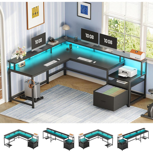 66 Inch L-Shaped Computer Desk with LED Lights, Power Outlets, Drawers & Printer Stand, Convertible Gaming Desk