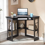 Lambrecht Corner Desk with Storage Shelves, Triangle Computer Desk with Keyboard Tray & Bookshelves for Small Space, 90 Degrees Space Saving Writing Desk Laptop PC Table for Home Office, Living Room, Bedroom