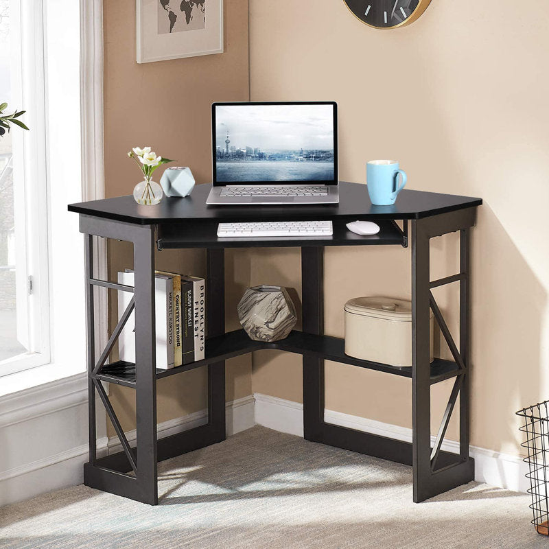 Lambrecht Corner Desk with Storage Shelves, Triangle Computer Desk with Keyboard Tray & Bookshelves for Small Space, 90 Degrees Space Saving Writing Desk Laptop PC Table for Home Office, Living Room, Bedroom