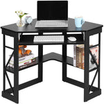 Lambrecht Corner Desk with Storage Shelves, Triangle Computer Desk with Keyboard Tray & Bookshelves for Small Space, 90 Degrees Space Saving Writing Desk Laptop PC Table for Home Office, Living Room, Bedroom