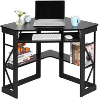 Lambrecht Corner Desk with Storage Shelves, Triangle Computer Desk with Keyboard Tray & Bookshelves for Small Space, 90 Degrees Space Saving Writing Desk Laptop PC Table for Home Office, Living Room, Bedroom