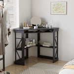 Lambrecht Corner Desk with Storage Shelves, Triangle Computer Desk with Keyboard Tray & Bookshelves for Small Space, 90 Degrees Space Saving Writing Desk Laptop PC Table for Home Office, Living Room, Bedroom