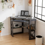 Lambrecht Corner Desk with Storage Shelves, Triangle Computer Desk with Keyboard Tray & Bookshelves for Small Space, 90 Degrees Space Saving Writing Desk Laptop PC Table for Home Office, Living Room, Bedroom