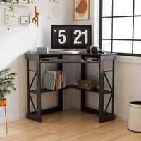 Lambrecht Corner Desk with Storage Shelves, Triangle Computer Desk with Keyboard Tray & Bookshelves for Small Space, 90 Degrees Space Saving Writing Desk Laptop PC Table for Home Office, Living Room, Bedroom
