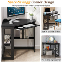 Lambrecht Corner Desk with Storage Shelves, Triangle Computer Desk with Keyboard Tray & Bookshelves for Small Space, 90 Degrees Space Saving Writing Desk Laptop PC Table for Home Office, Living Room, Bedroom