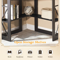 Lambrecht Corner Desk with Storage Shelves, Triangle Computer Desk with Keyboard Tray & Bookshelves for Small Space, 90 Degrees Space Saving Writing Desk Laptop PC Table for Home Office, Living Room, Bedroom