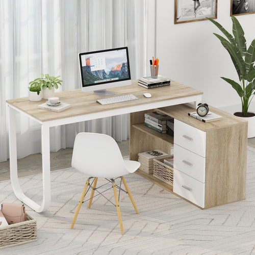 55''W Solid Wood Base Writing Desk with  2- Large Storage Drawer, Arc-shaped Table Corner Design For Home And Office