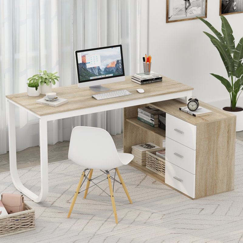 55''W Solid Wood Base Writing Desk with  2- Large Storage Drawer, Arc-shaped Table Corner Design For Home And Office