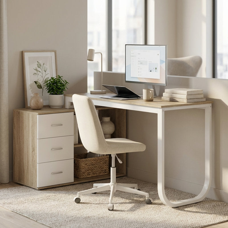 55''W Solid Wood Base Writing Desk with  2- Large Storage Drawer, Arc-shaped Table Corner Design For Home And Office