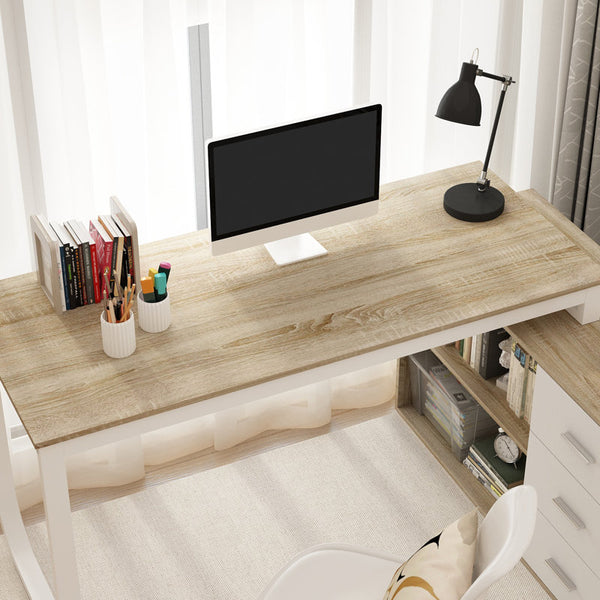 55''W Solid Wood Base Writing Desk with  2- Large Storage Drawer, Arc-shaped Table Corner Design For Home And Office