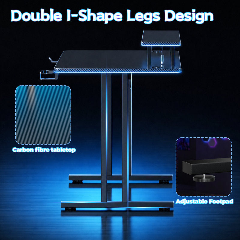 Luxury Arts Grell Gaming Desk With LED Lights, 47" Home Office Gamer Desk, Ergonomic Computer Table With Large Carbon Fiber Surface Desktop, Office Workstation With Mouse Pad, Cup Holder & Headphone Hook