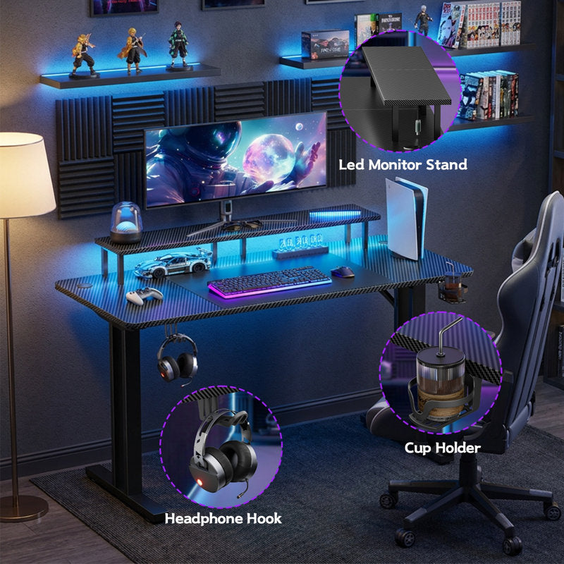 Luxury Arts Grell Gaming Desk With LED Lights, 47" Home Office Gamer Desk, Ergonomic Computer Table With Large Carbon Fiber Surface Desktop, Office Workstation With Mouse Pad, Cup Holder & Headphone Hook