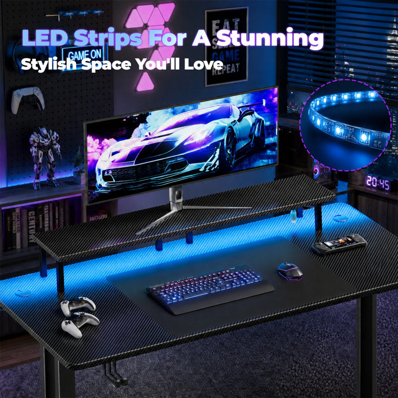 Luxury Arts Grell Gaming Desk With LED Lights, 47" Home Office Gamer Desk, Ergonomic Computer Table With Large Carbon Fiber Surface Desktop, Office Workstation With Mouse Pad, Cup Holder & Headphone Hook