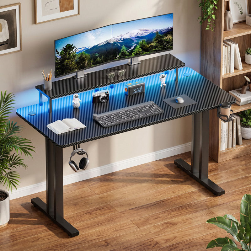 Luxury Arts Grell Gaming Desk With LED Lights, 47" Home Office Gamer Desk, Ergonomic Computer Table With Large Carbon Fiber Surface Desktop, Office Workstation With Mouse Pad, Cup Holder & Headphone Hook