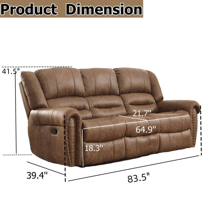 83.5" Wide Classic and Oversized Top Faux Leather Manual Reclining Sofa with Nailhead Trim
