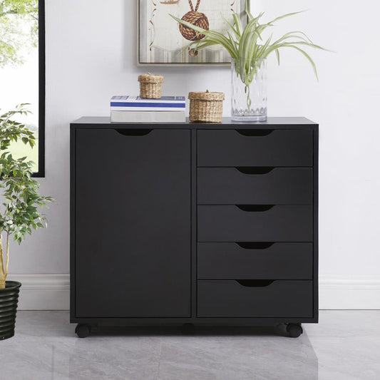 5-Drawer Office File Cabinet with Wheels and 2 Shelves, Under Desk Locking Wood Storage