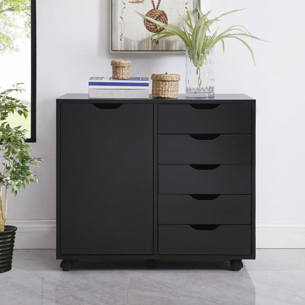 5-Drawer Office File Cabinet with Wheels and 2 Shelves, Under Desk Locking Wood Storage
