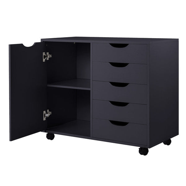 5-Drawer Office File Cabinet with Wheels and 2 Shelves, Under Desk Locking Wood Storage