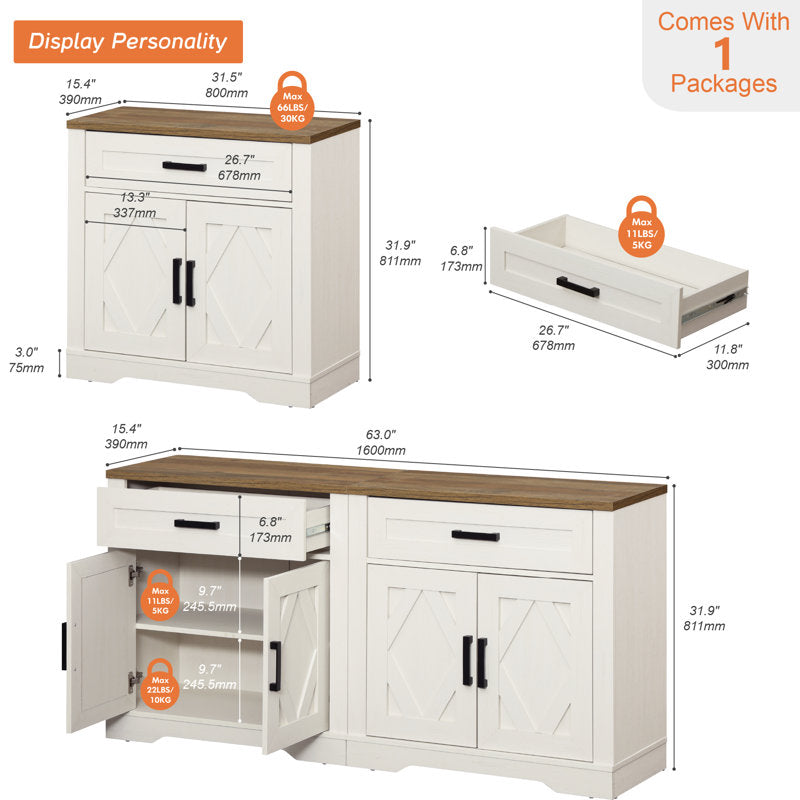 Glenford 63"W Large Modern Farmhouse Office Storage Cabinet With Barn Doors & Drawers