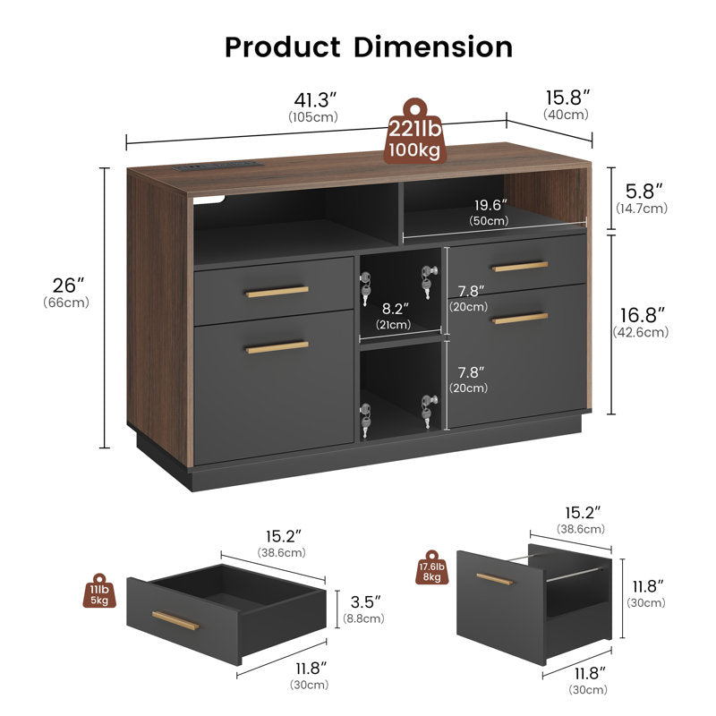 Adonia 41.3"W 4 Drawer Lateral File Storage Cabinet, With Lock, Power Strip, Storage