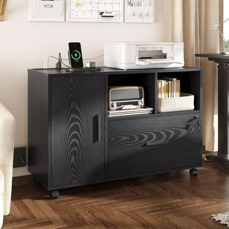 Cambrie 36.6'' Wide Mobile Wood File Cabinet with Shelves and Charging Station, Locking