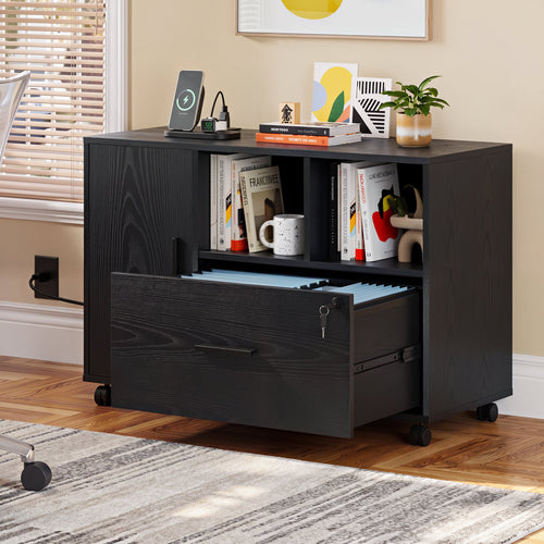Cambrie 36.6'' Wide Mobile Wood File Cabinet with Shelves and Charging Station, Locking