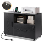Cambrie 36.6'' Wide Mobile Wood File Cabinet with Shelves and Charging Station, Locking