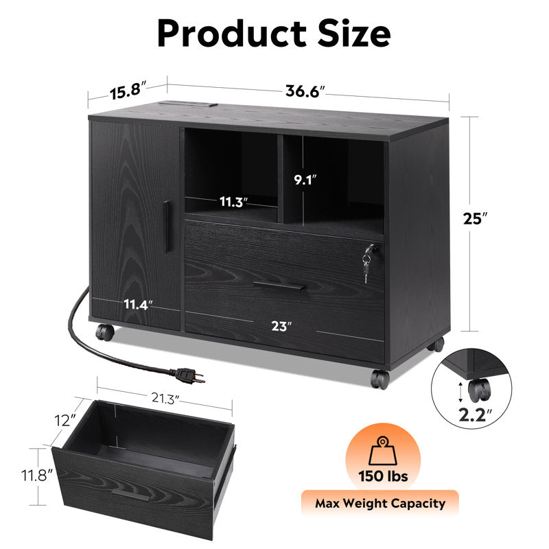 Cambrie 36.6'' Wide Mobile Wood File Cabinet with Shelves and Charging Station, Locking