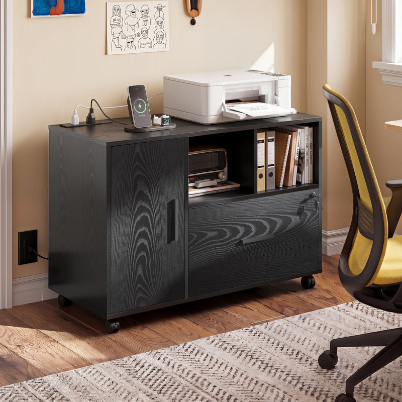 Cambrie 36.6'' Wide Mobile Wood File Cabinet with Shelves and Charging Station, Locking