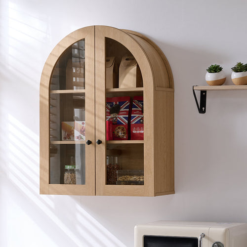Modern Arched Cabinet Wall Mount with Adjustable Shelf & Glass Doors, Natural Oak
