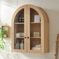 Modern Arched Cabinet Wall Mount with Adjustable Shelf & Glass Doors, Natural Oak