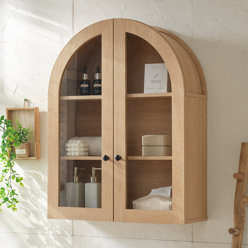 Modern Arched Cabinet Wall Mount with Adjustable Shelf & Glass Doors, Natural Oak