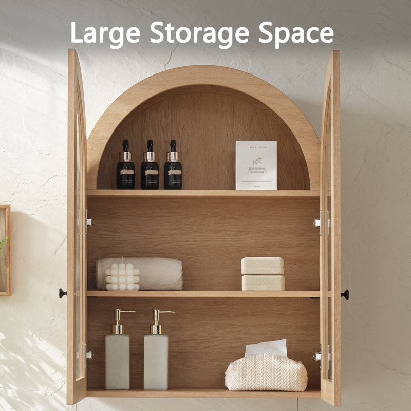 Modern Arched Cabinet Wall Mount with Adjustable Shelf & Glass Doors, Natural Oak
