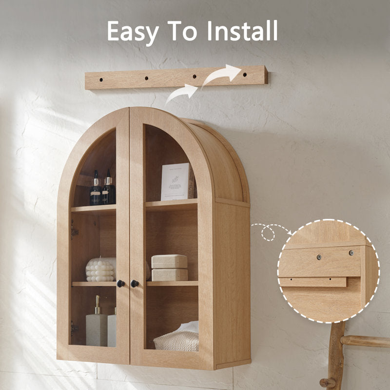 Modern Arched Cabinet Wall Mount with Adjustable Shelf & Glass Doors, Natural Oak