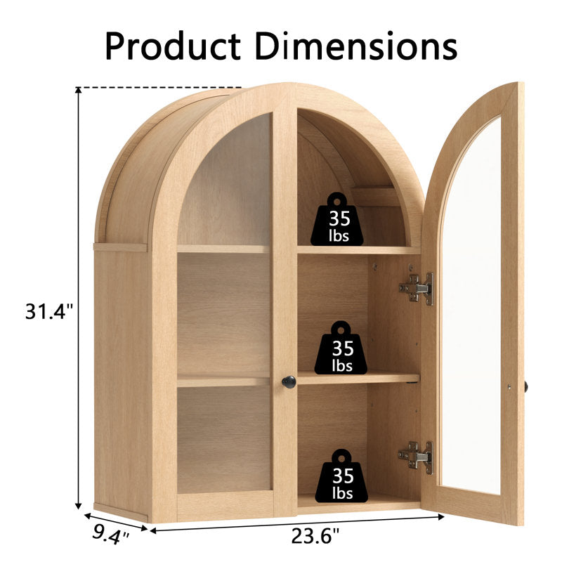 Modern Arched Cabinet Wall Mount with Adjustable Shelf & Glass Doors, Natural Oak