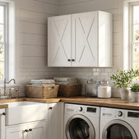 Our farmhouse-style wall storage cabinets with four doors and shelves are made of solid