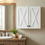 Our farmhouse-style wall storage cabinets with four doors and shelves are made of solid